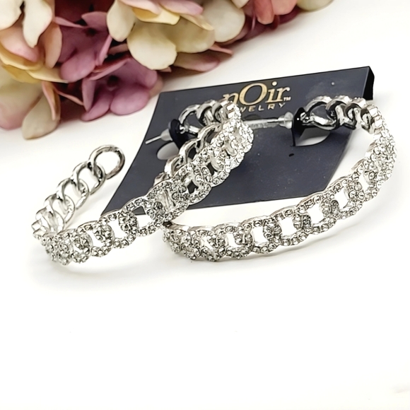 NWT nOir Jewelry large silver plated hoops inlaid rhinestones post earrings $128 - Picture 3 of 14